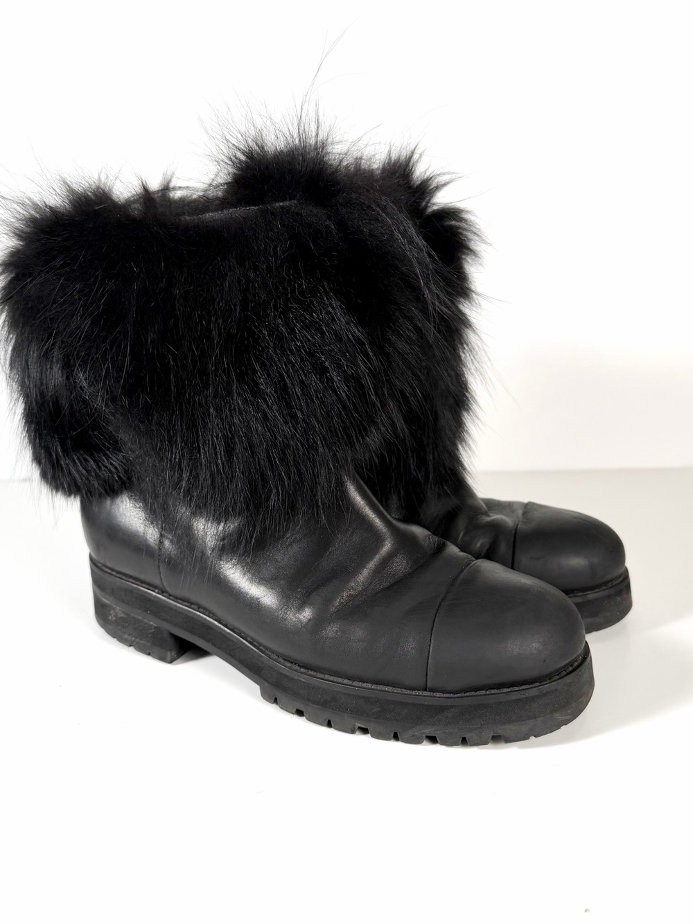 Jimmy Choo Black Leather Ankle Boots with Black Fur Cuff DANA Lug Sole Biker